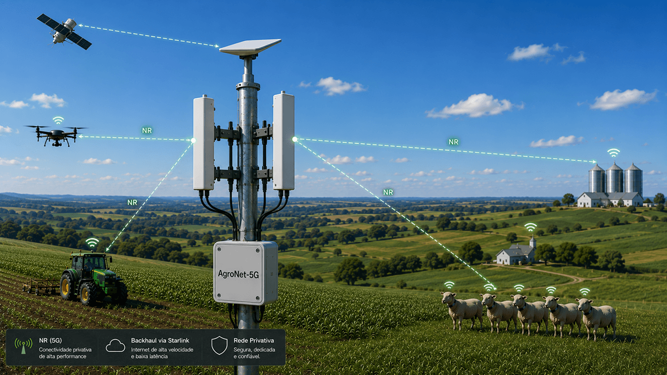 Sistema AgroNet-5G fornecendo conectividade 5G privada para máquinas, drones, sensores IoT e monitoramento no campo com backhaul via Starlink.